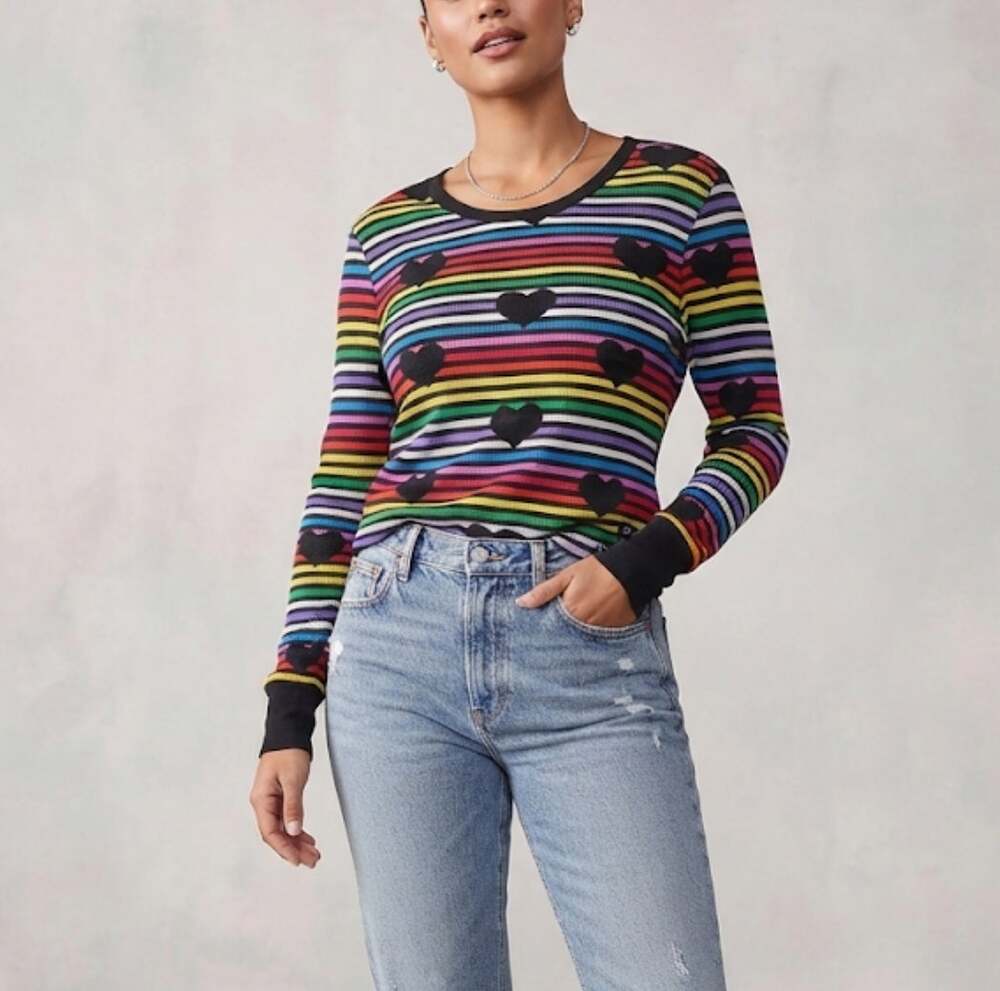 Victoria's Secret Rainbow Striped Heart Long Sleeve Thermal Tee Rare Size XL